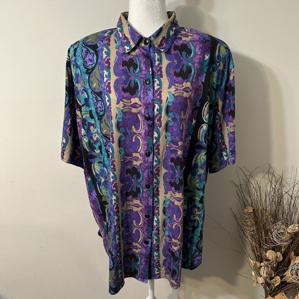 Top Notch Women Button Up Short Sleeve Shirt Top Paisley Purple Striped 24W USA